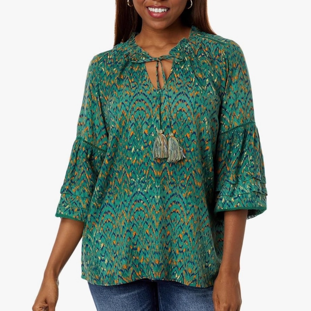 Liverpool Women's Popover Blouse EUC - Emerald Ikat - Boho, Beachy, Medium